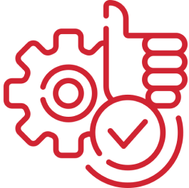 Red gear, thumbs up, check mark icon.